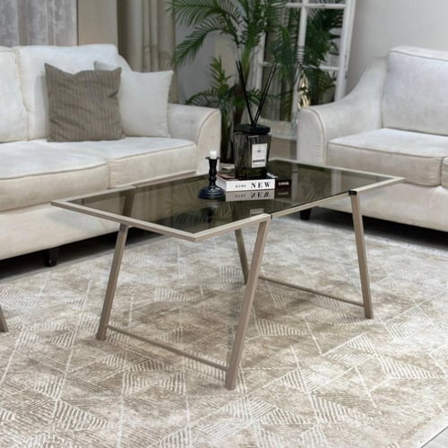 طقم طاولات ضيافة 5 قطع زجاج بني وهيكل شمباني مودرن