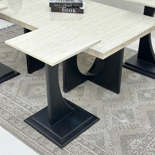 طقم طاولات ضيافة 5 قطع بديل رخام وقاعدة خشب أسود م...