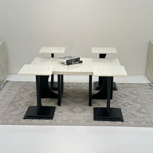 طقم طاولات ضيافة 5 قطع بديل رخام وقاعدة خشب أسود م...