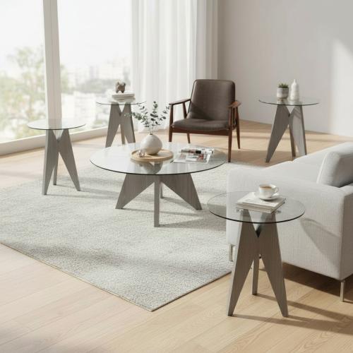 طقم طاولة خشب رمادي زجاج شفاف مع 4 خدمات