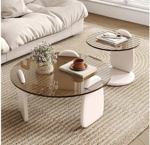 طقم طاولتين ضيافة خشب أبيض سطح زجاج دائري بني شفاف...