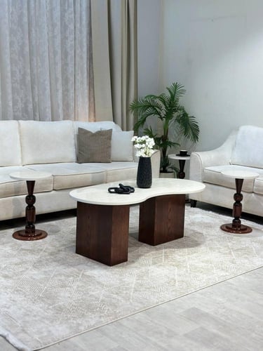 طقم طاولات 8 قطع رخامي أبيض وقواعد خشبية كلاسيكية