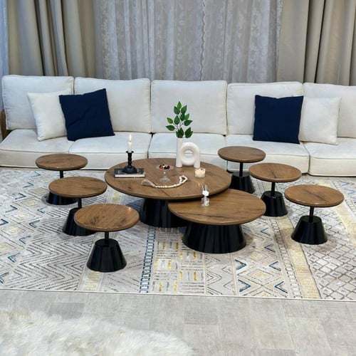 طقم طاولات ضيافة أرضي 8 قطع خشب بني وقواعد سوداء