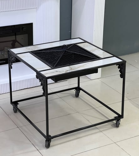 منقل شوي حديد مربع بكفرات متحرك لون اسود رخام ابيض...