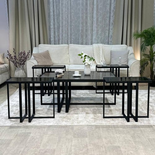 طقم طاولة ضيافة حديد أسود سطح زجاج أسود مع 4 خدمة