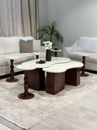 طقم طاولات 8 قطع رخامي أبيض وقواعد خشبية كلاسيكية