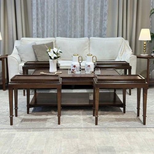 طقم طاولات 5 قطع خشبي بني دورين مستطيل