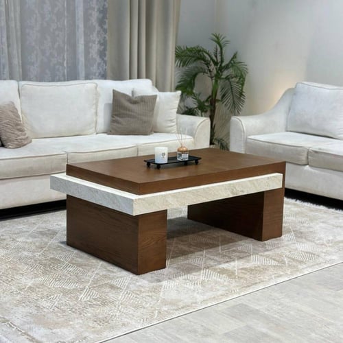 طاولة ضيافة خشب سنديان وبديل رخام بني 130x70x50 سم