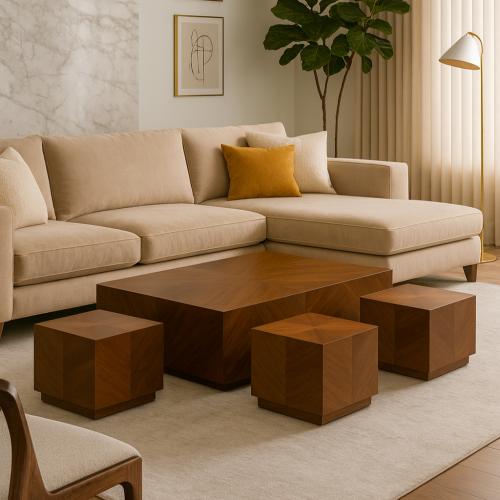 طقم طاولات ضيافة أرضي 5 قطع خشب جوز بتصميم مكعبات...