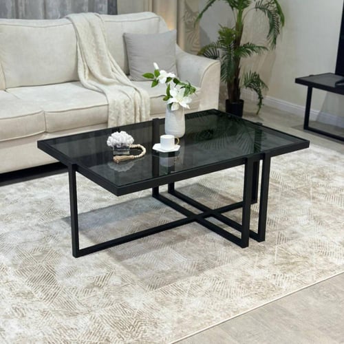 طقم طاولة ضيافة حديد أسود سطح زجاج أسود مع 4 خدمة