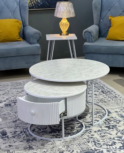 طقم طاولتين بدرج ابيض سطح خشب شكل رخام TL