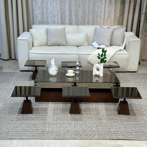 طقم طاولات ضيافة 7 قطع خشب سنديان بني مستطيل بسطح...