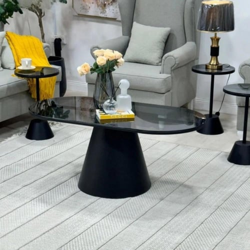 طقم طاولات 4 قطع زجاج أسود وقاعدة مخروطية