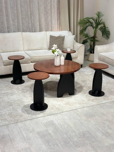 طقم طاولات ضيافة 7 قطع خشب سنديان وبني دائري وقاعد...