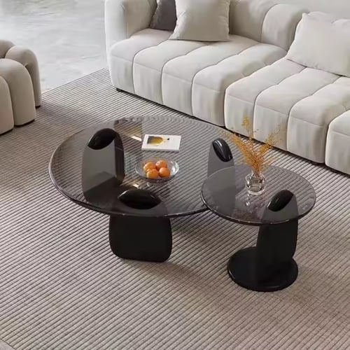 طقم طاولتين ضيافة أرضي خشب أسود سطح زجاج دائري أسو...