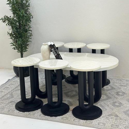 طقم طاولات ضيافة 7 قطع بديل رخام وقاعدة خشب أسود ب...