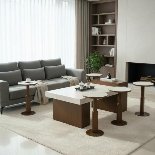 طقم طاولة ضيافة قاعدة خشب بني سطح بديل الرخام مع 6...