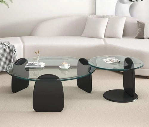 طقم طاولتين ضيافة خشب أسود سطح زجاج دائري شفاف - ب...