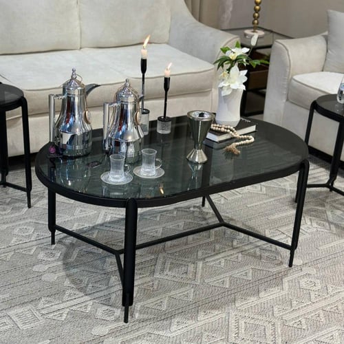 طقم طاولات ضيافة 5 قطع زجاج أسود وهيكل حديد أسود م...