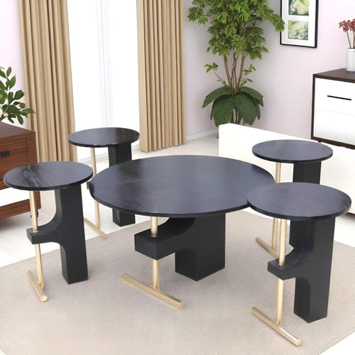 طقم طاولات 5 قطع خشبي أسود وهيكل ذهبي T