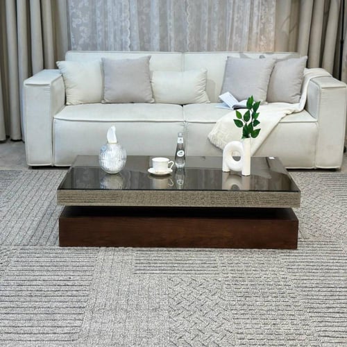 طقم طاولات ضيافة 7 قطع خشب سنديان بني مستطيل بسطح...