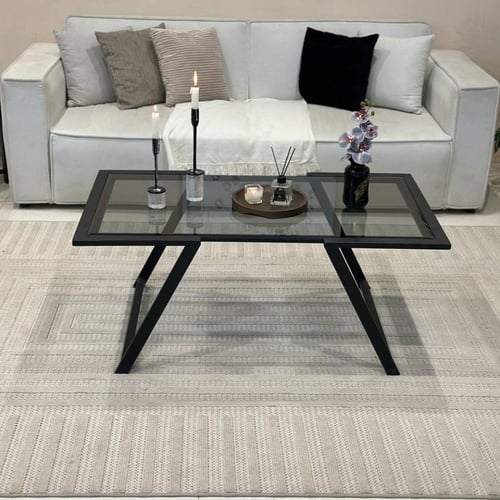 طقم طاولات ضيافة 5 قطع زجاج أسود وهيكل حديد أسود ب...