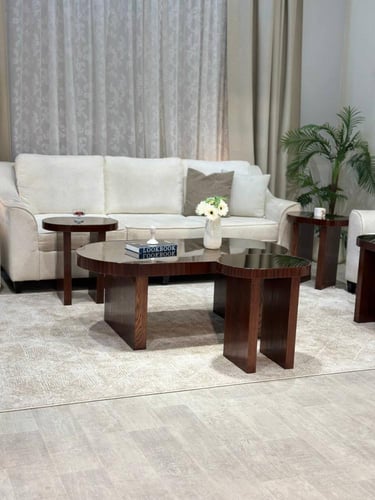 طقم طاولات ضيافة 7 قطع خشب بني داكن بيضاوي بسطح مر...