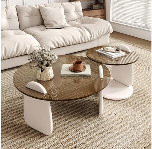 طقم طاولتين ضيافة خشب أبيض سطح زجاج دائري بني شفاف...