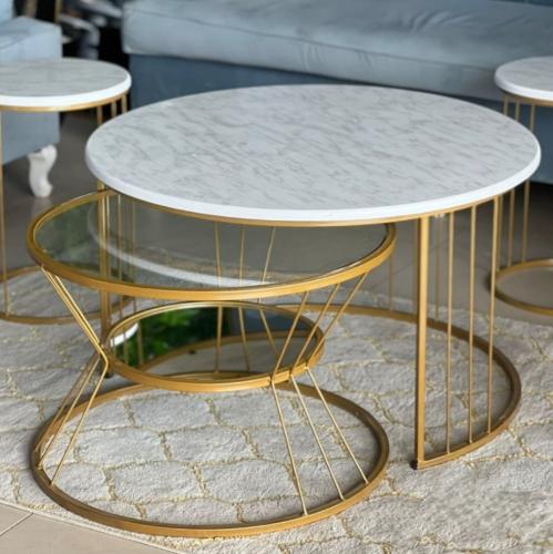 طقم طاولتين ذهبي سطح خشب + زجاج