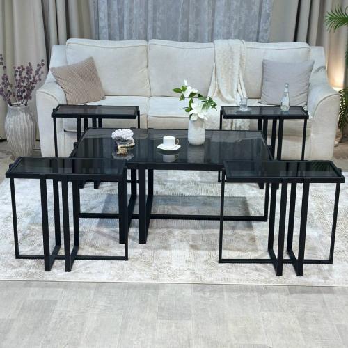 طقم طاولة ضيافة حديد أسود سطح زجاج أسود مع 4 خدمة