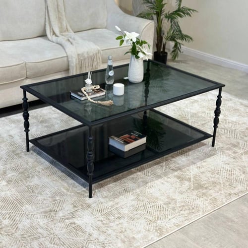 طقم طاولة ضيافة حديد أسود سطح زجاج أسود مع 4 خدمة