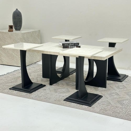 طقم طاولات ضيافة 5 قطع بديل رخام وقاعدة خشب أسود م...