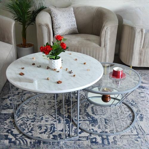 طقم طاولتين فضي سطح خشب + زجاج