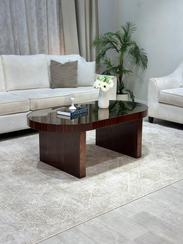 طقم طاولات ضيافة 7 قطع خشب بني داكن بيضاوي بسطح مر...