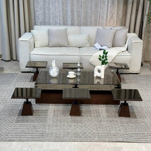 طقم طاولات ضيافة 7 قطع خشب سنديان بني مستطيل بسطح...