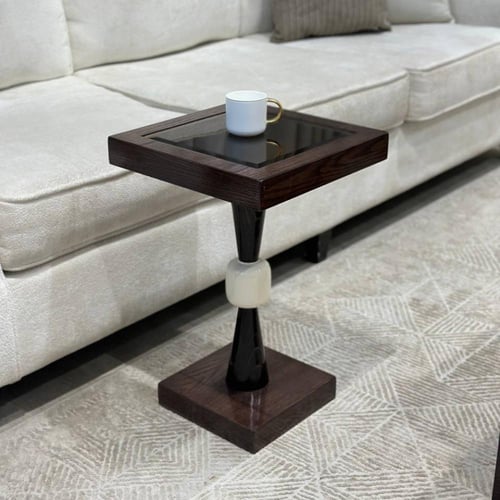 طقم طاولات ضيافة خشب بني غامق سطح زجاج شفاف مع 6 خ...