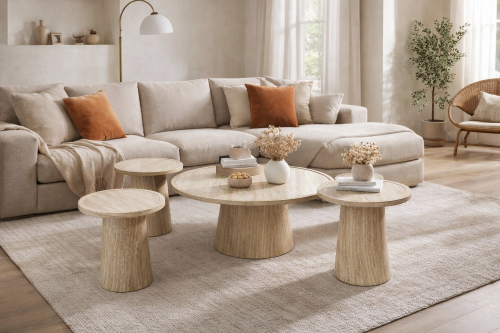 طقم طاولات شاي بسطح سيراميك أبيض وقاعدة خشب