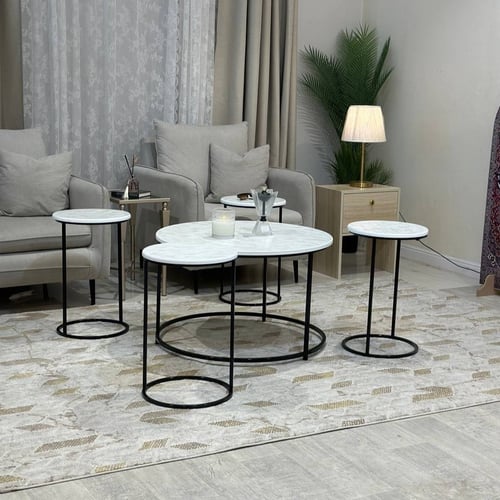 طقم طاولات ضيافة 5 قطع خشب شكل رخام وقاعدة أسود دا...