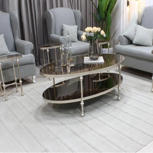 طقم طاولات 5 قطع زجاج برونزي وهيكل شمباني كلاسيكي