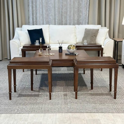 طقم طاولات 5 قطع خشبي بني وقاعدة كلاسيك