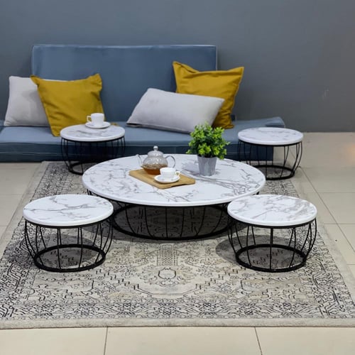 طقم طاولات أرضي 5 قطع بديل رخام وقاعدة سلة سوداء
