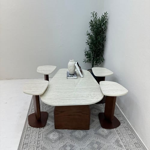 طقم طاولات ضيافة 5 قطع بديل رخام وقاعدة خشب سنديان...