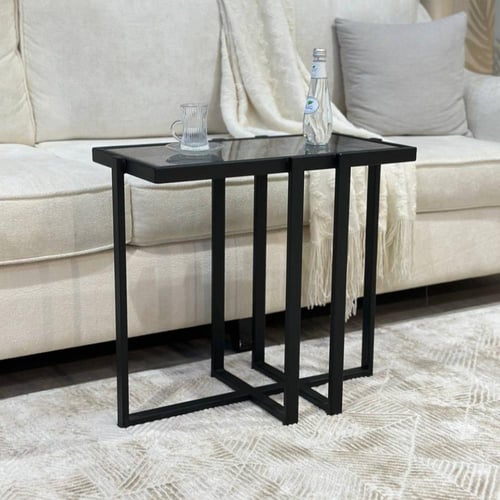 طقم طاولة ضيافة حديد أسود سطح زجاج أسود مع 4 خدمة