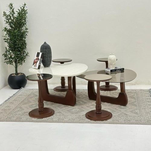 طقم طاولات ضيافة 6 قطع بديل رخام وزجاج وقاعدة خشب...