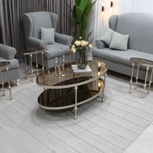 طقم طاولات 5 قطع زجاج برونزي وهيكل شمباني كلاسيكي