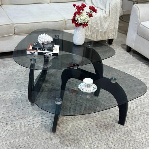 طاولة ضيافة متداخلة سطح زجاج أسود شفاف