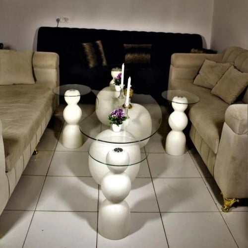 طقم طاولات 5 قطع زجاجي بقاعدة كروية بيضاء