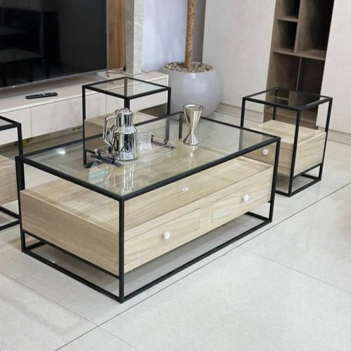 طقم طاولات ضيافة 5 قطع خشب فاتح بأدراج وسطح زجاجي