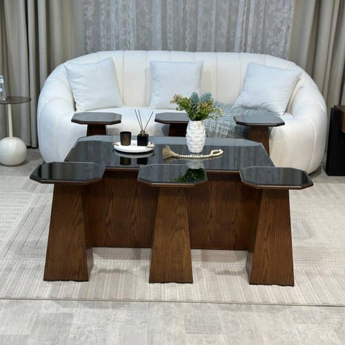 طقم طاولات ضيافة 7 قطع خشب بني غامق بسطح زجاجي أسو...