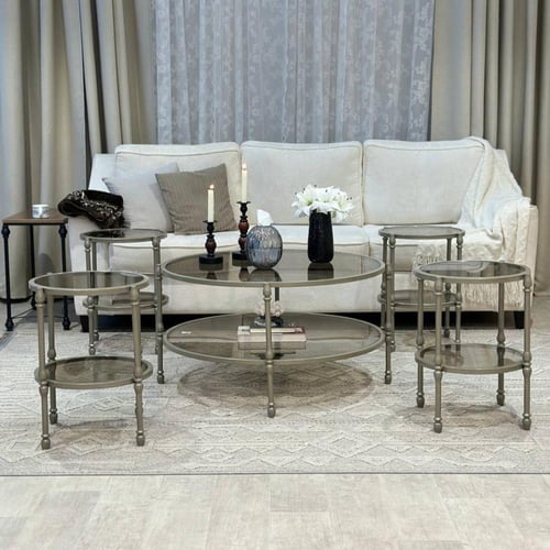 طقم طاولات ضيافة 5 قطع زجاج بني وهيكل شمباني دورين...